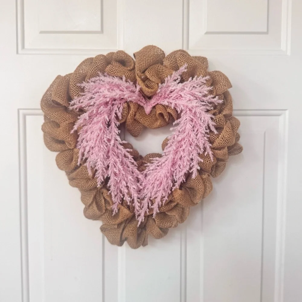 Valentines Heart-Shaped Burlap Wreath with Pink Accents